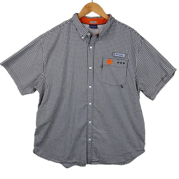 Columbia PFG Clemson Tiger Black White Gingham Print Short Sleeve Shirt Size XL - Picture 1 of 7